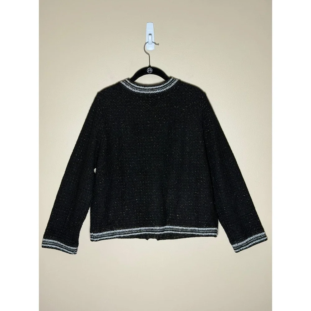 Liz Claiborne Black Knit Button Front Jacket L Gold Metallic Trim Cardigan